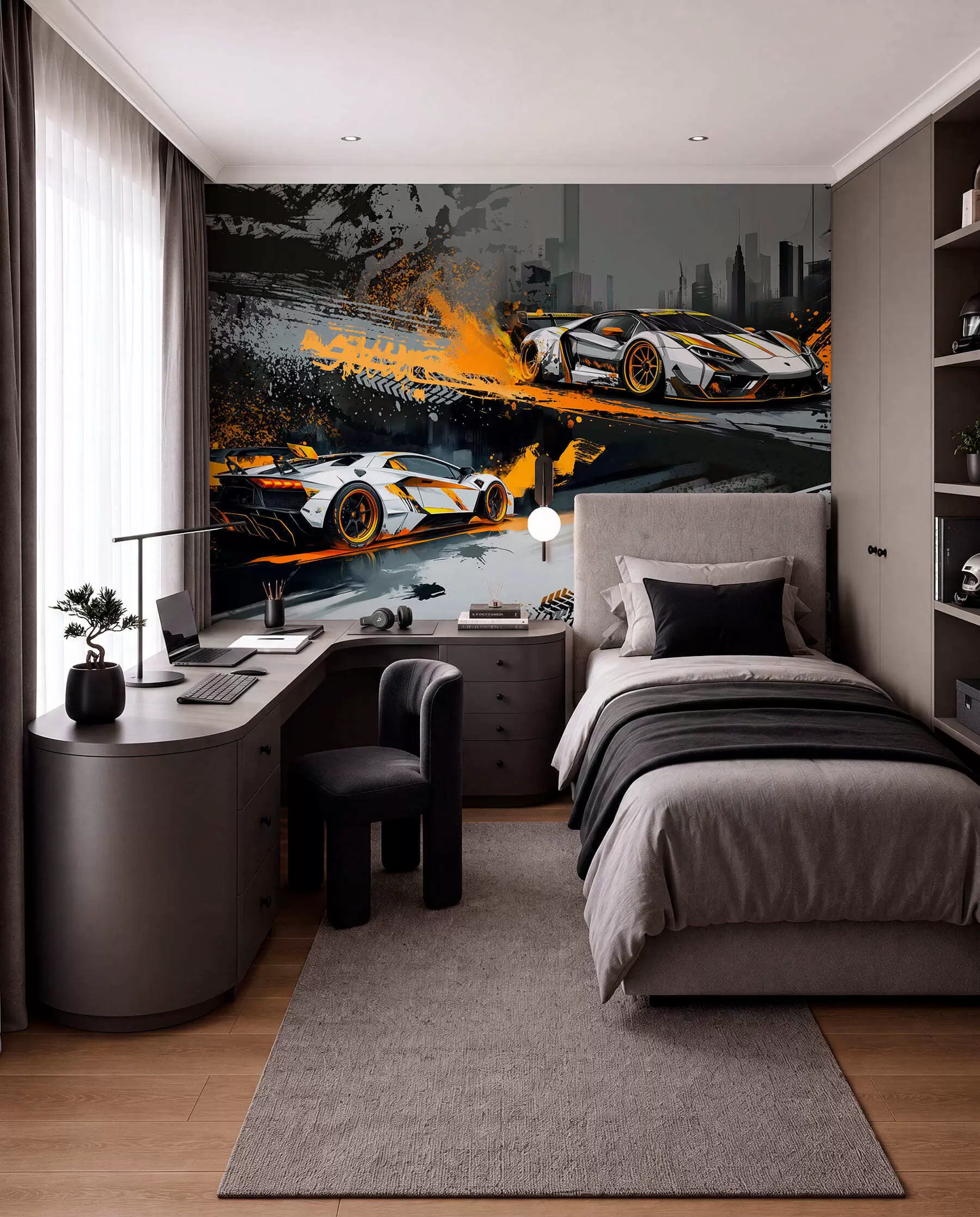 Fotobehang harde grange stijl, expressieve, dinamische sportwagens w03721