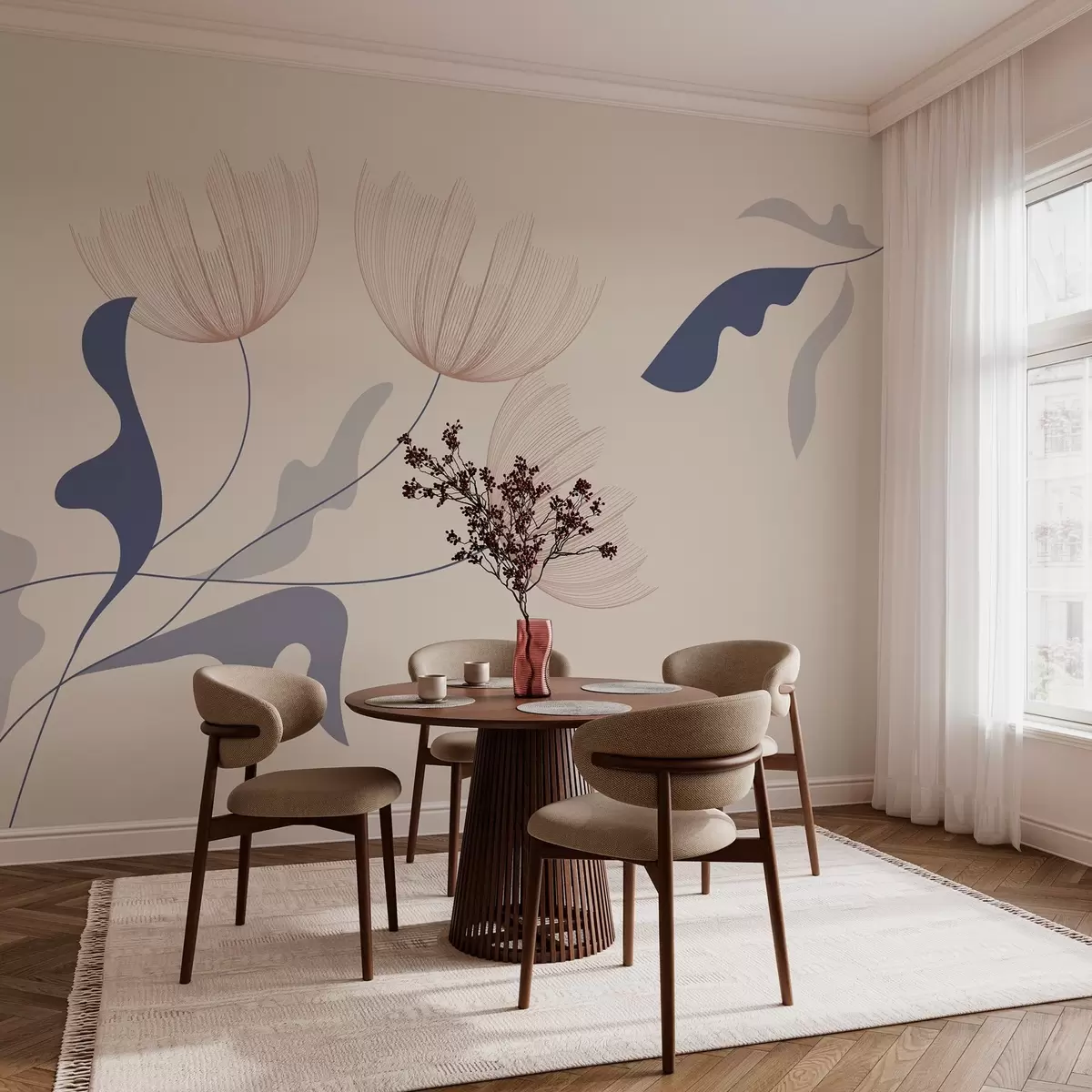 Fotobehang elegante minimalistische bloemen in blauwe tinten op een beige achtergrond w03763