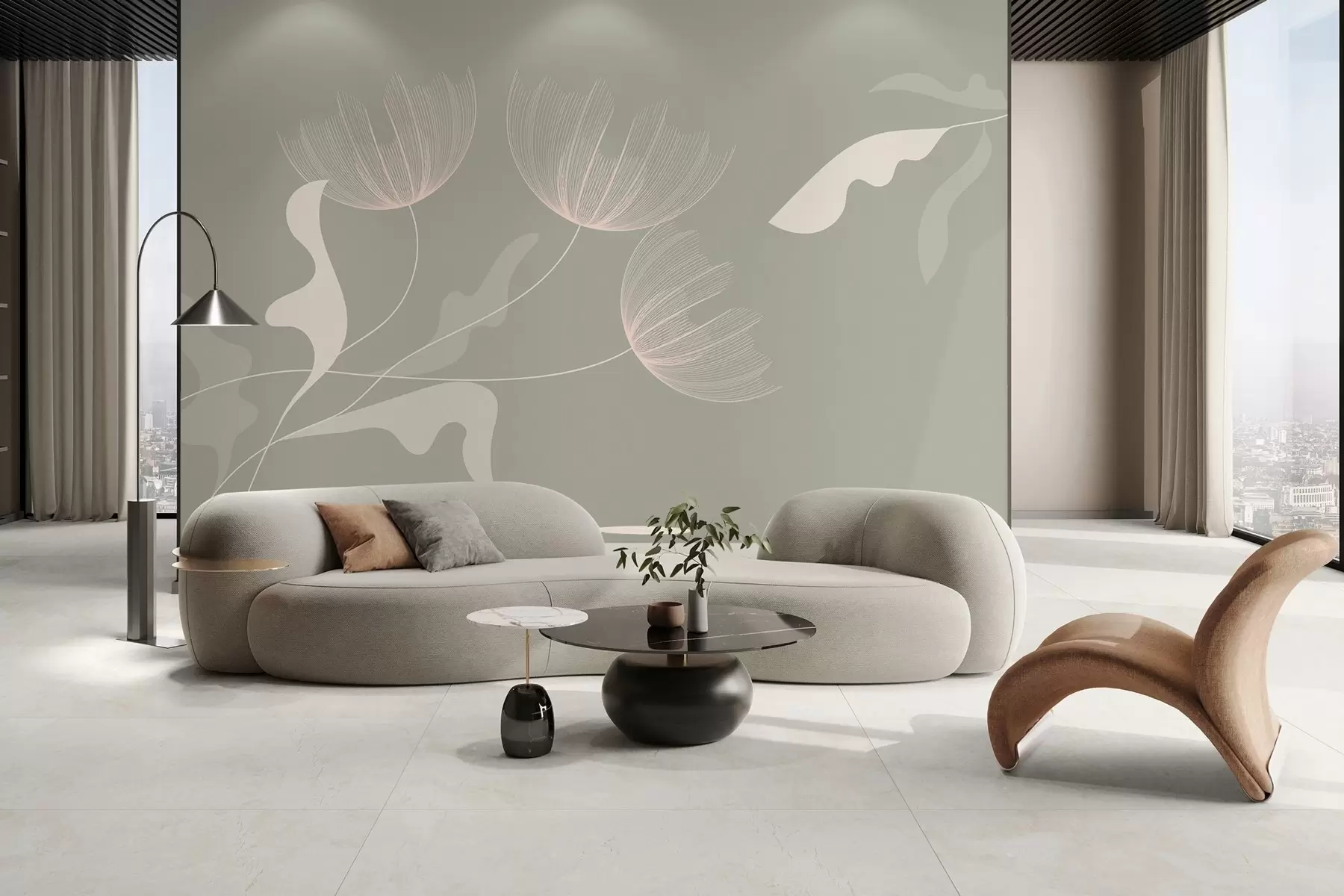 Fotobehang elegante minimalistische bloemen in groene tinten op een beige achtergrond w03763v2