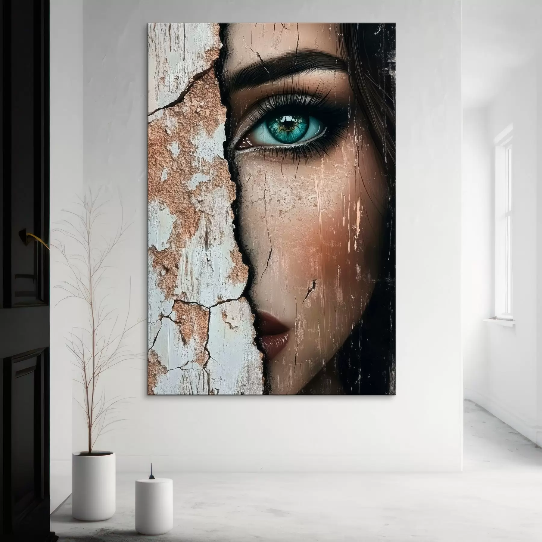  Schilderijen Meisjesgezicht achter oude muur s44069