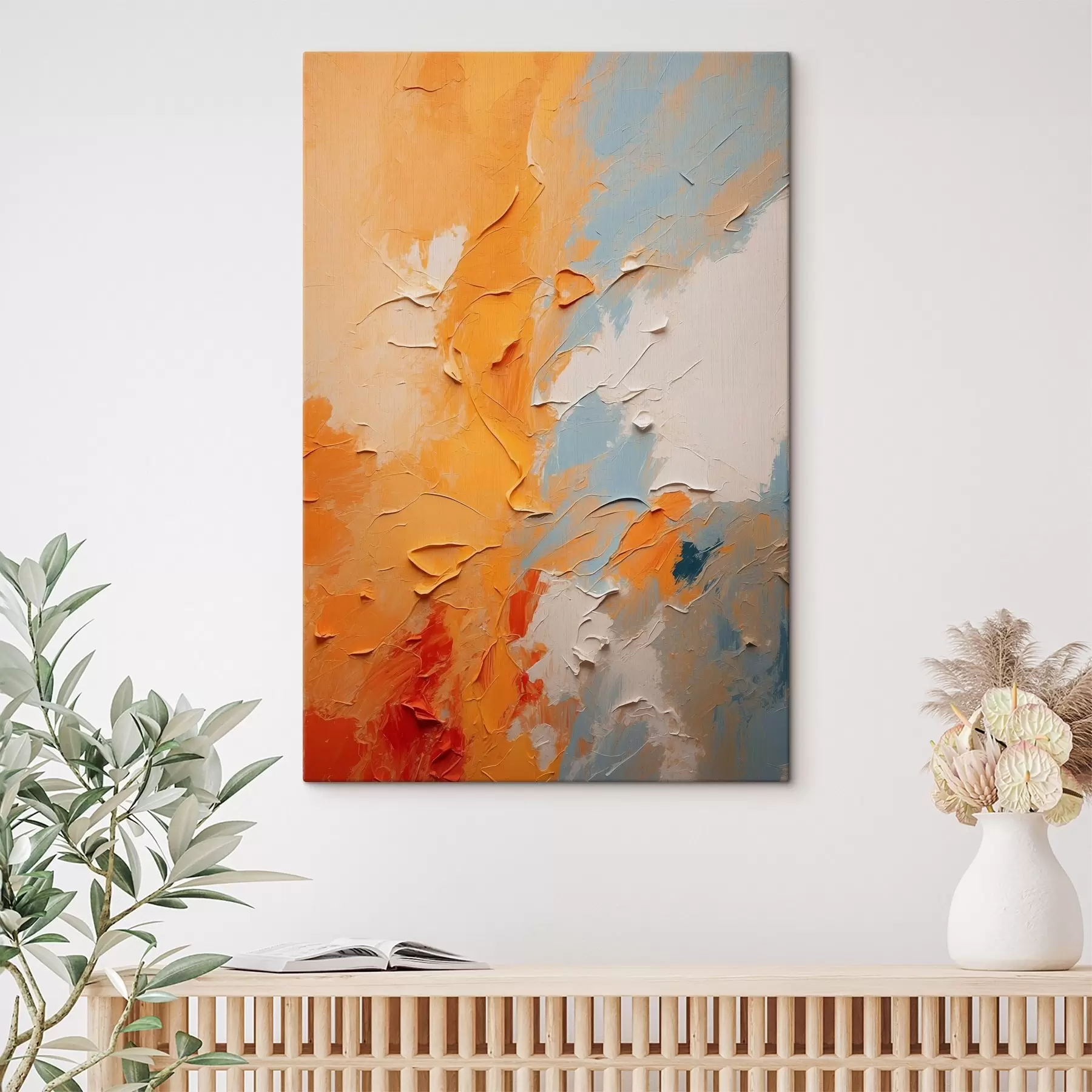  Schilderijen Abstract olieverfschilderij met gele en blauwe kleuren s44077