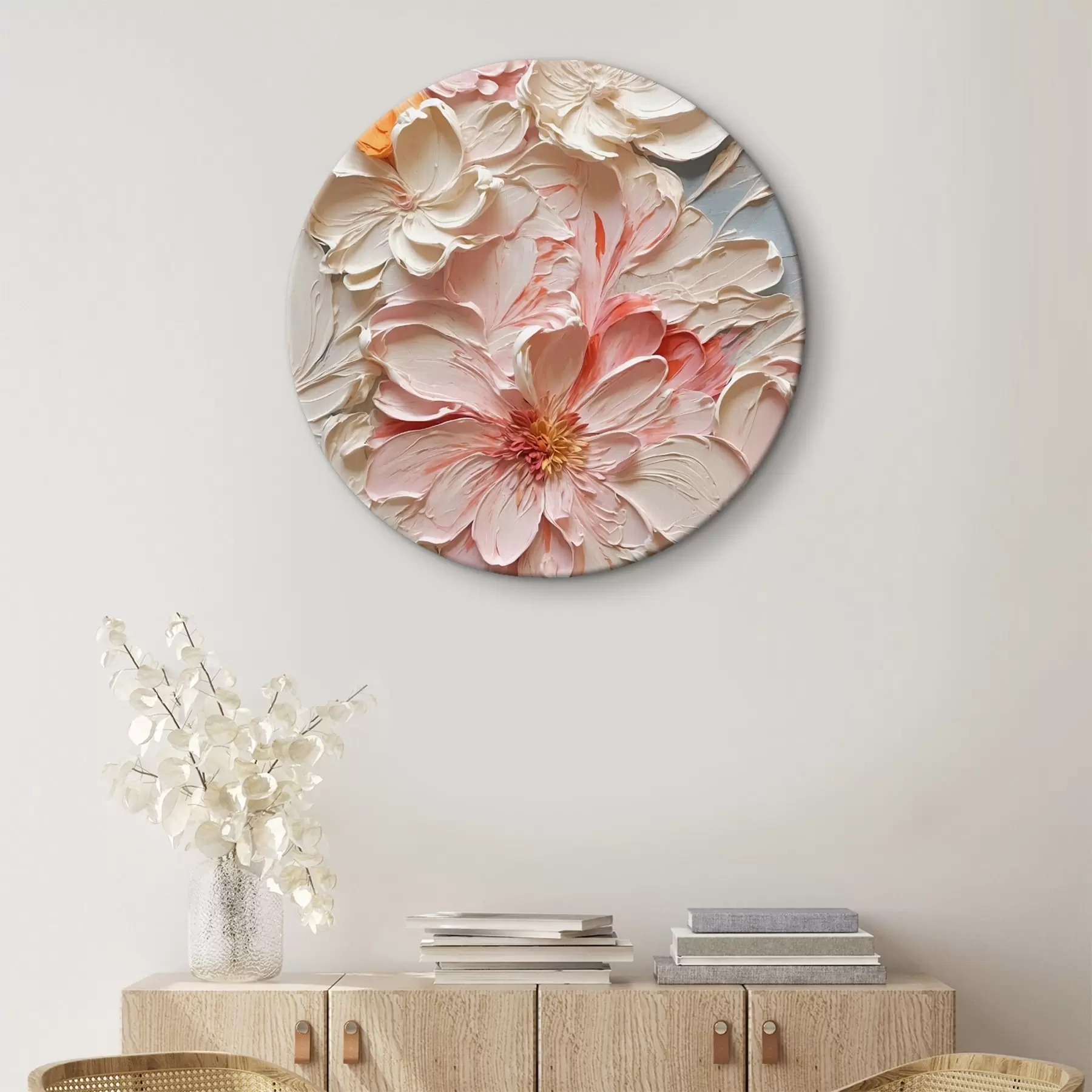  Schilderijen Witte en roze bloemen op blauwe achtergrond in olieverfstijl r44074