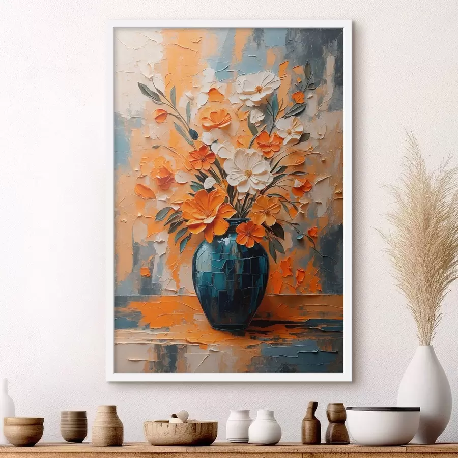 Fotobehang Witte en oranje bloemen in vaas in olieverfschilderijstijl f44059