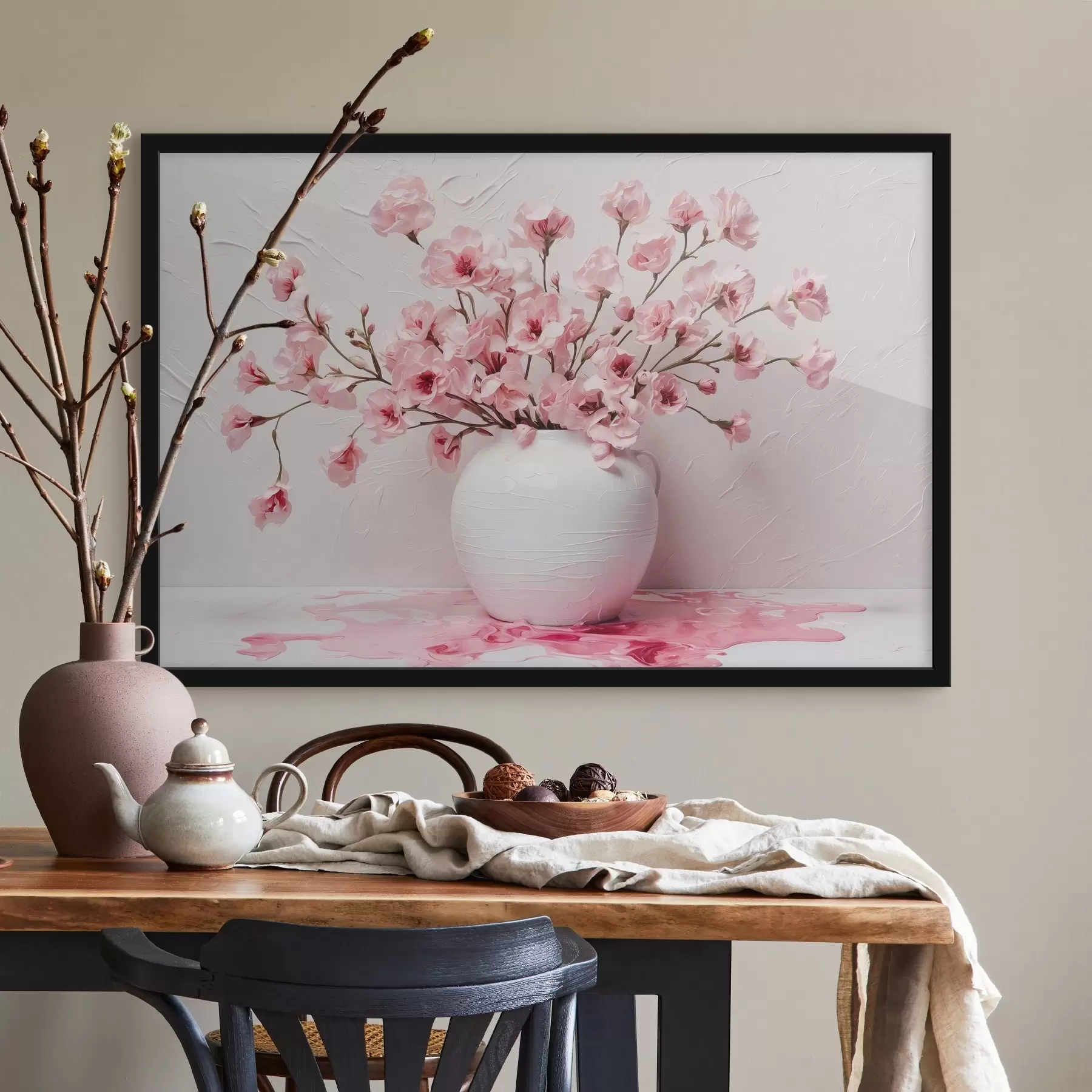 Fotobehang Roze bloemen in witte grote vaas f44081