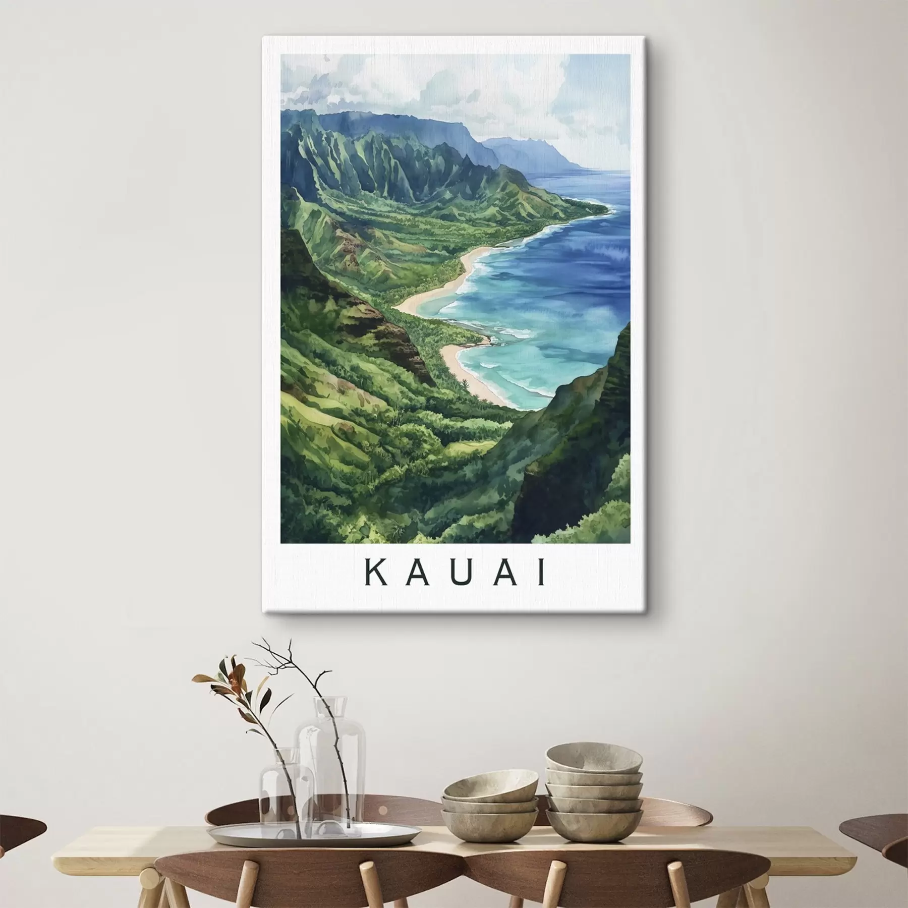  Schilderijen Groene bergen, Hawaii, oceaan, tropisch, aquarel stijl s44143