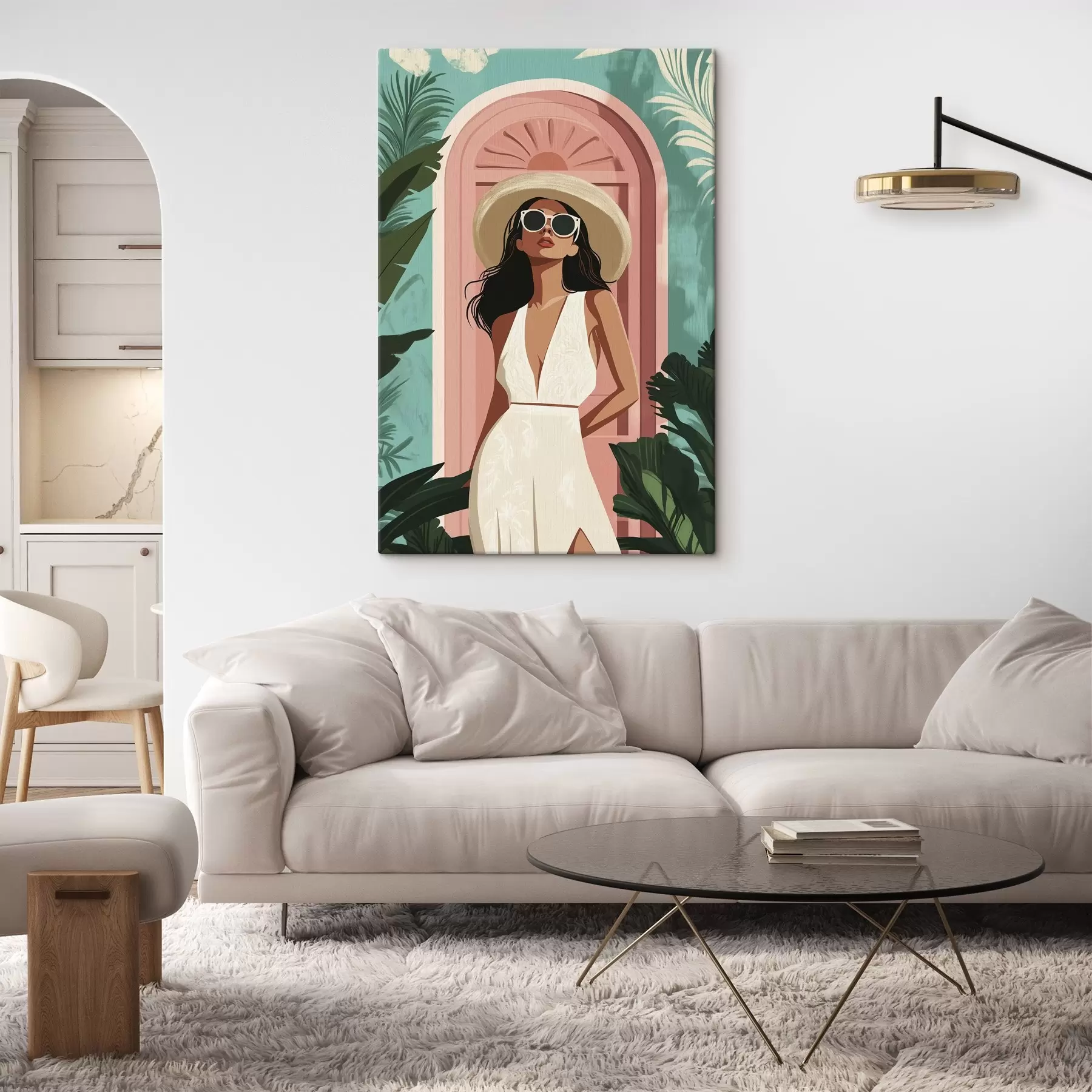  Schilderijen Vrouw met zonnebril en hoed, tropische natuur, architectuur  s44152