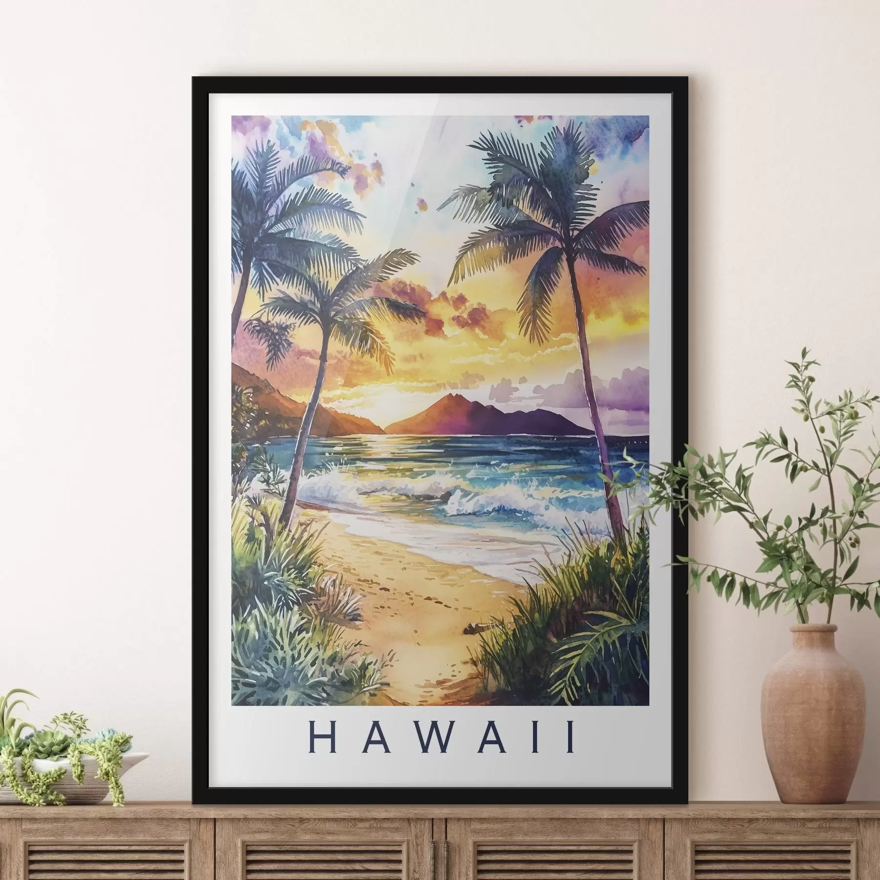  Schilderijen Zonsondergang op het eiland Hawaii, palmen, oceaan, kleurrijke lucht, aquarel stijl f44142