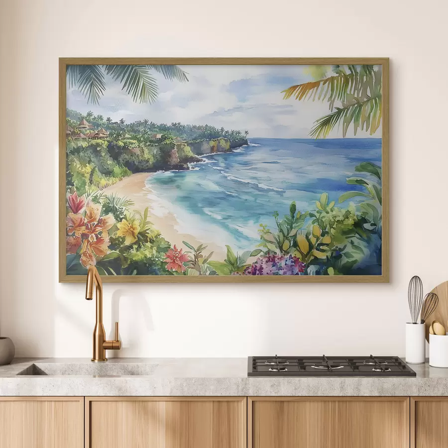 Fotobehang Tropisch oceaanstrand, palmbomen, bloemen, aquarelstijl f44145