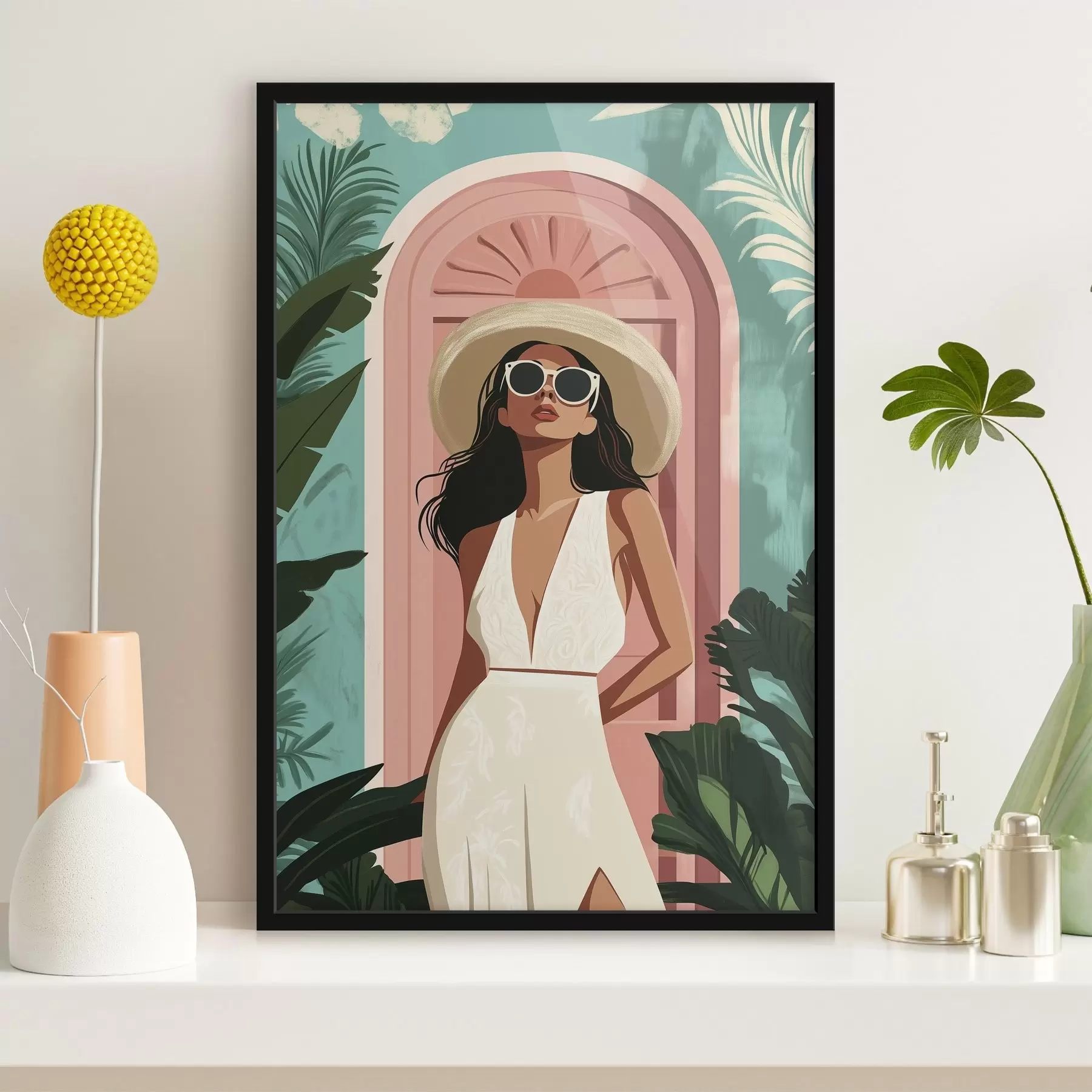 Fotobehang Vrouw met zonnebril en hoed, tropische natuur, architectuur f44152