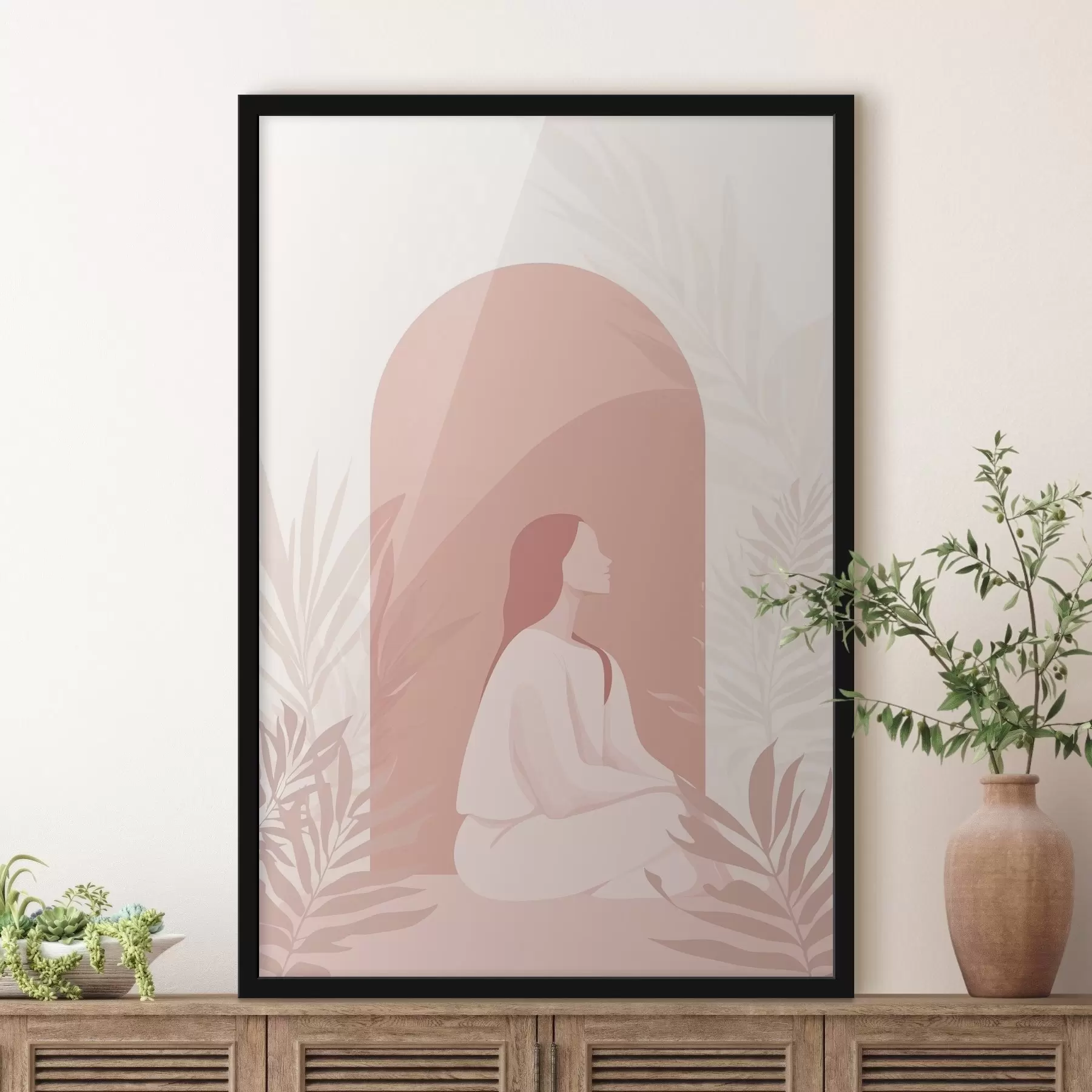  Schilderijen Vrouw in meditatie, vlakke stijl, tropische planten, roze kleuren f44154