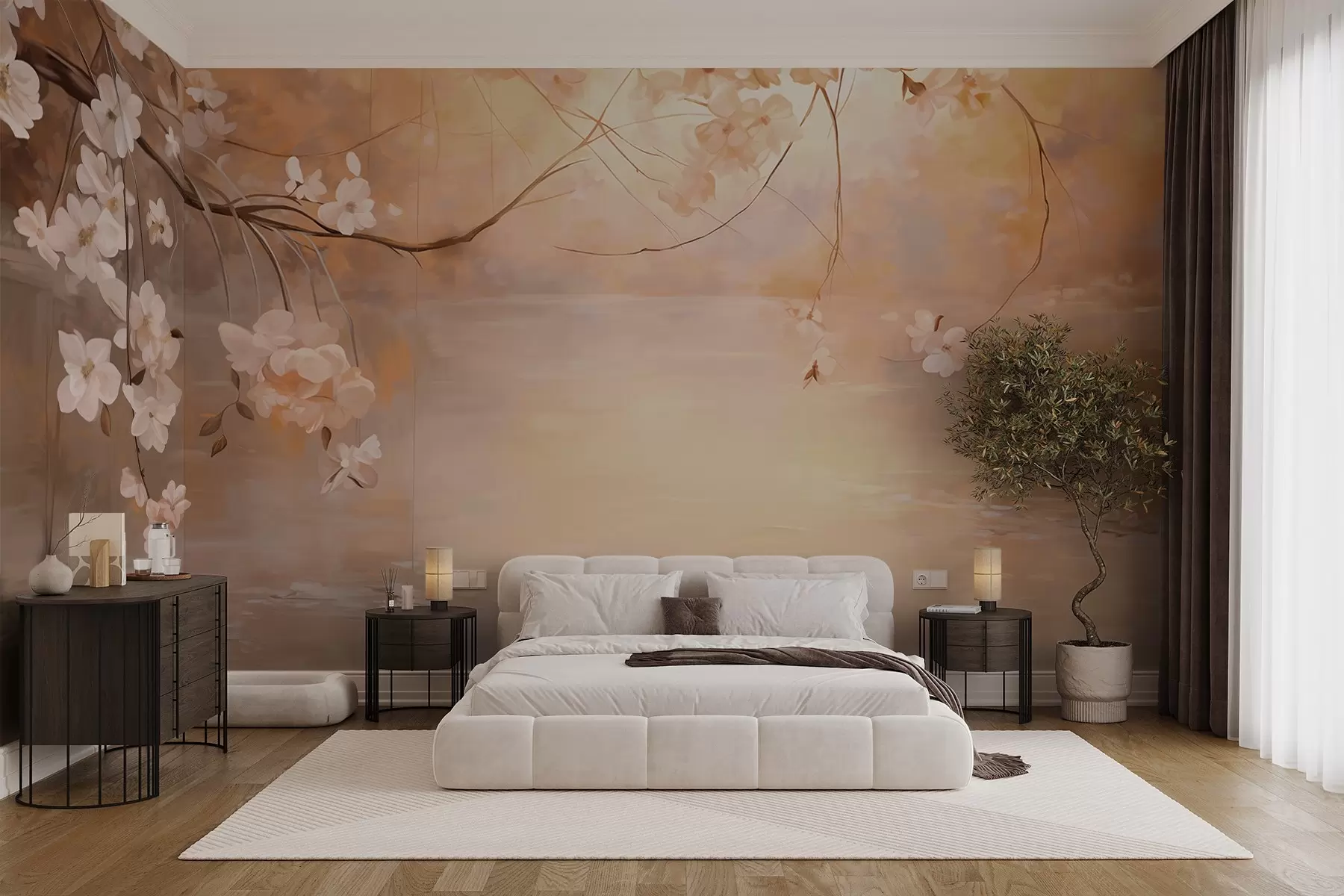 Fotobehang Abstract landschapskunst met bloesemtak en witte bloemen hangend over een meer, zachte pastelkleuren w09046