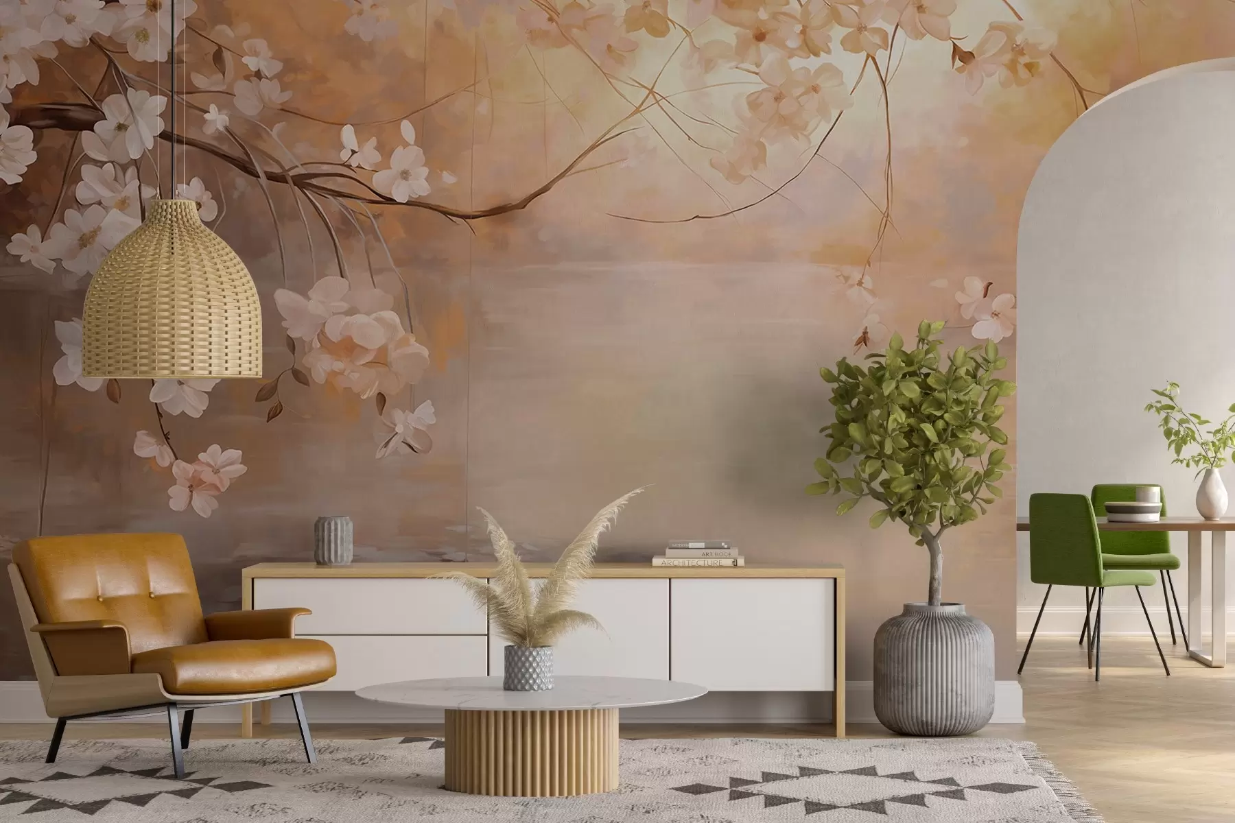 Fotobehang Abstract landschapskunst met bloesemtak en witte bloemen hangend over een meer, zachte pastelkleuren w09046