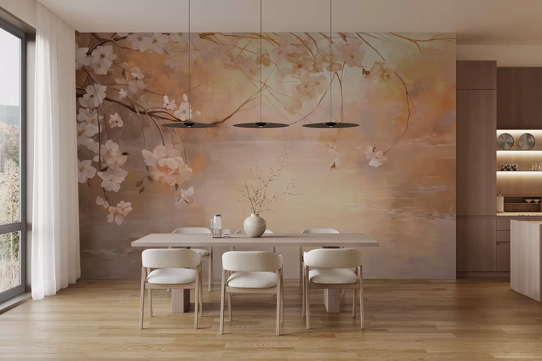 Fotobehang Abstract landschapskunst met bloesemtak en witte bloemen hangend over een meer, zachte pastelkleuren w09046