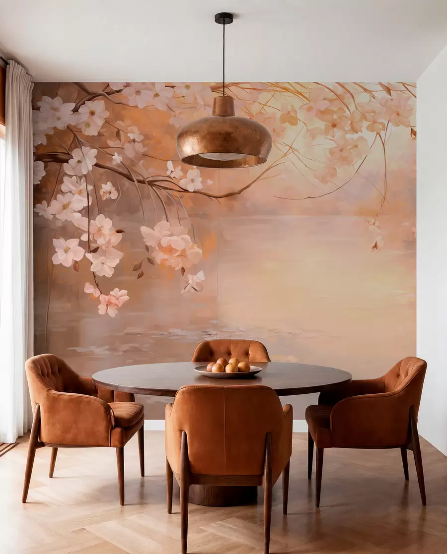 Fotobehang Abstract landschapskunst met bloesemtak en witte bloemen hangend over een meer, zachte pastelkleuren w09046