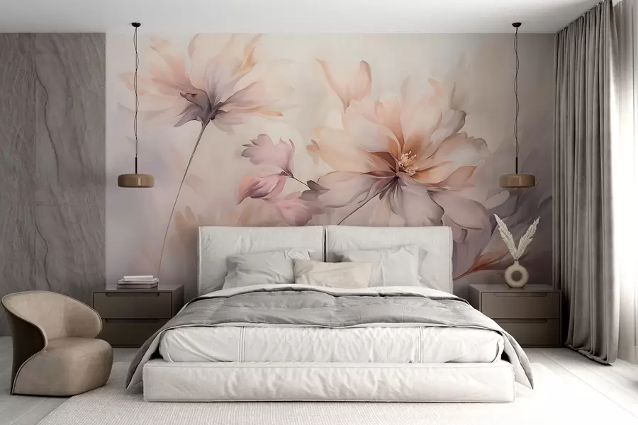 Fotobehang Een delicaat bloemsierkunstwerk met grote pastelkleurige bloemen met doorschijnende bloemblaadjes, zachte stelen en een zachte diffuse achtergrond  w09050