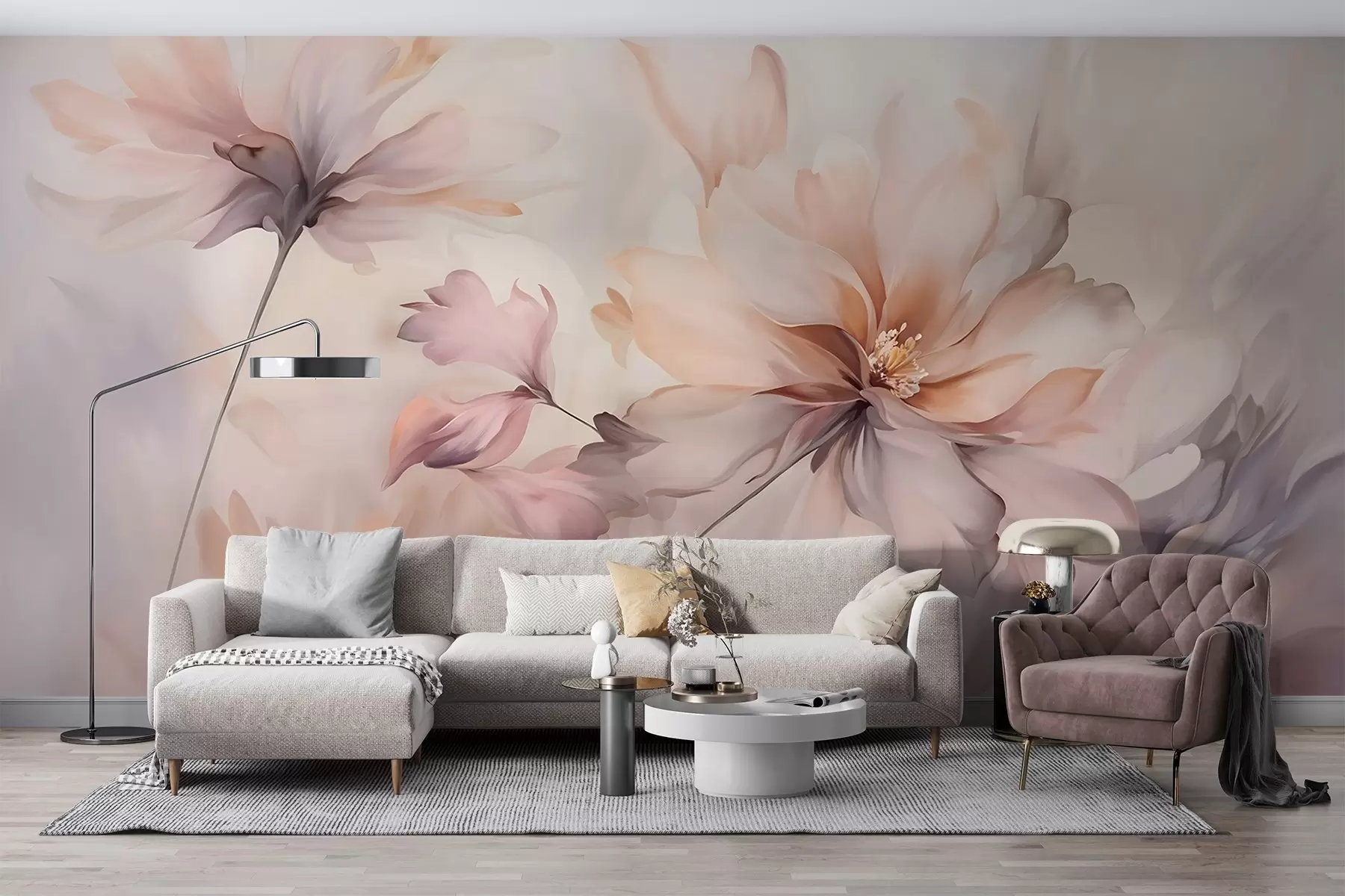 Fotobehang Een delicaat bloemsierkunstwerk met grote pastelkleurige bloemen met doorschijnende bloemblaadjes, zachte stelen en een zachte diffuse achtergrond  w09050
