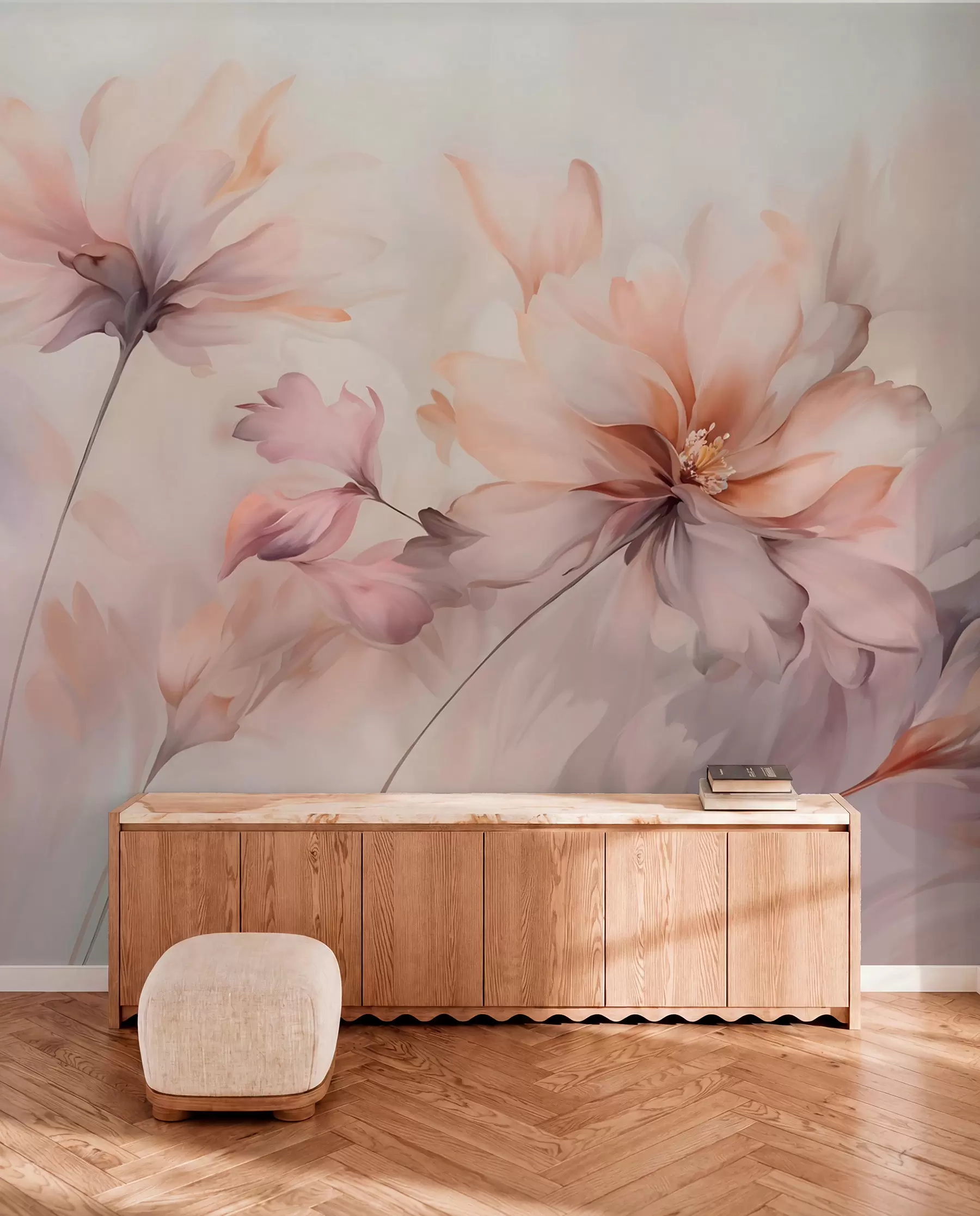 Fotobehang Een delicaat bloemsierkunstwerk met grote pastelkleurige bloemen met doorschijnende bloemblaadjes, zachte stelen en een zachte diffuse achtergrond  w09050
