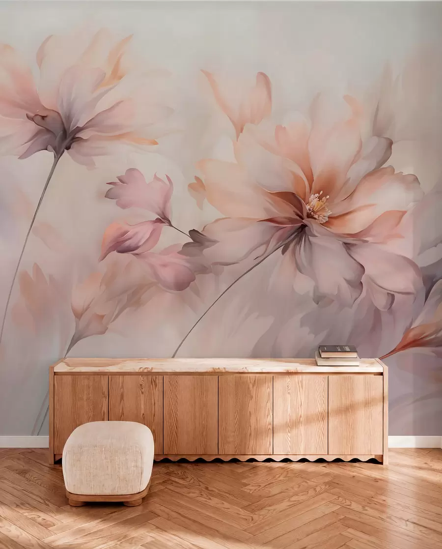 Fotobehang Een delicaat bloemsierkunstwerk met grote pastelkleurige bloemen met doorschijnende bloemblaadjes, zachte stelen en een zachte diffuse achtergrond  w09050