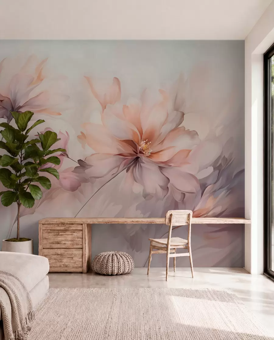 Fotobehang Een delicaat bloemsierkunstwerk met grote pastelkleurige bloemen met doorschijnende bloemblaadjes, zachte stelen en een zachte diffuse achtergrond  w09050