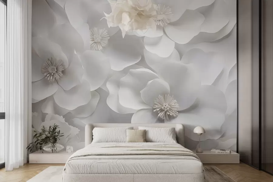 Fotobehang Witte bloemen met delicate bloemblaadjes, gerangschikt in een dicht cluster, creëren een gevoel van zuiverheid en elegantie op een witte achtergrond w09053