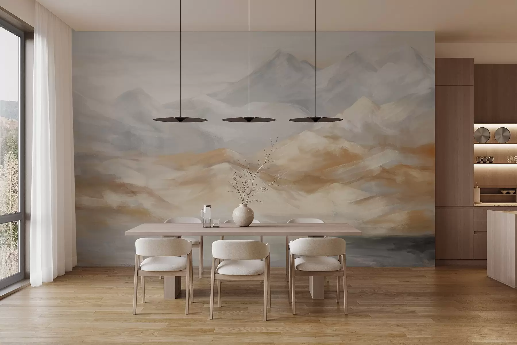 Fotobehang Textuurlandschapschilderij van bergen met een meer op de voorgrond, in wit-, grijs- en bruintinten w09057