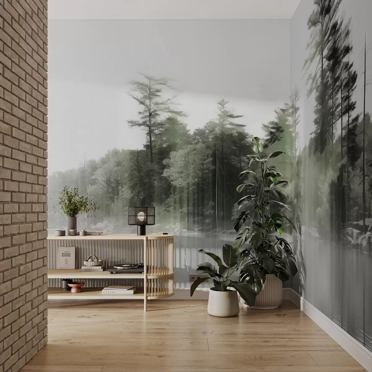 Fotobehang Abstract minimalisme getextureerd landschap met een meer en bomen reflecties in het water in groene en witte tinten w09058