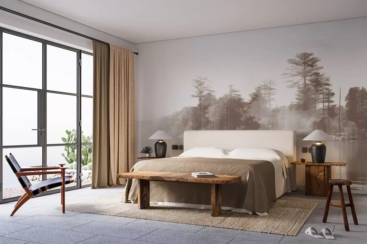 Fotobehang Abstract minimalistisch textuurlandschap met een meer en bomen die weerspiegelen in het water in beige en witte tinten w09058v1