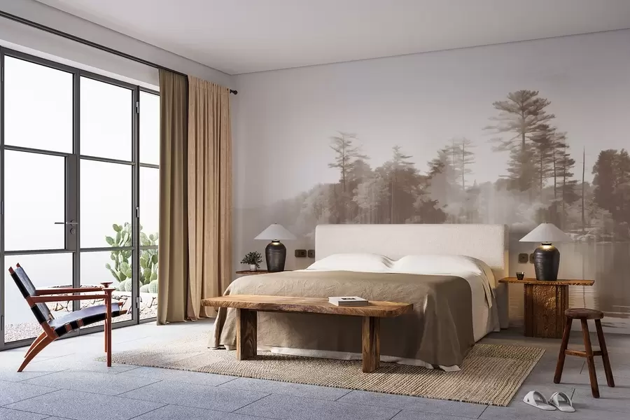 Fotobehang Abstract minimalistisch textuurlandschap met een meer en bomen die weerspiegelen in het water in beige en witte tinten w09058v1