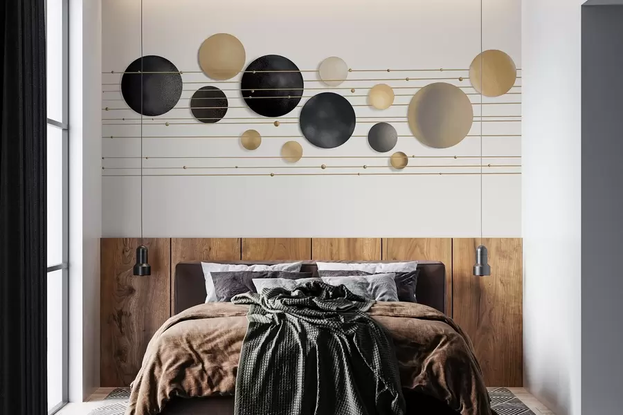 Fotobehang Abstract modern ontwerp met gestructureerde cirkels in witte, gele en grijze tinten, verbonden door dunne lijnen, minimalistische kunst  w09060