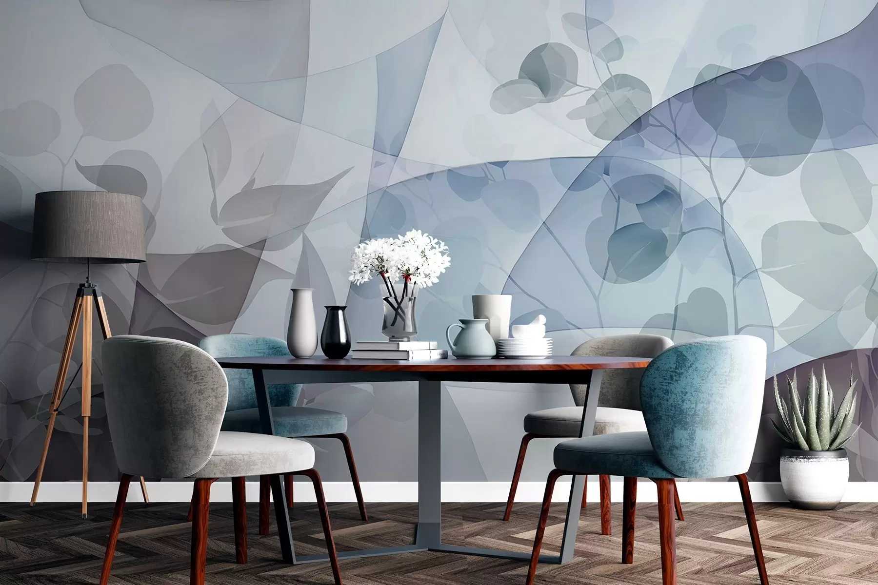 Fotobehang Abstracte botanische illustratie met eucalyptusbladeren en geometrische vormen in zachte gedempte kleuren van blauw, bruin en wit w09061