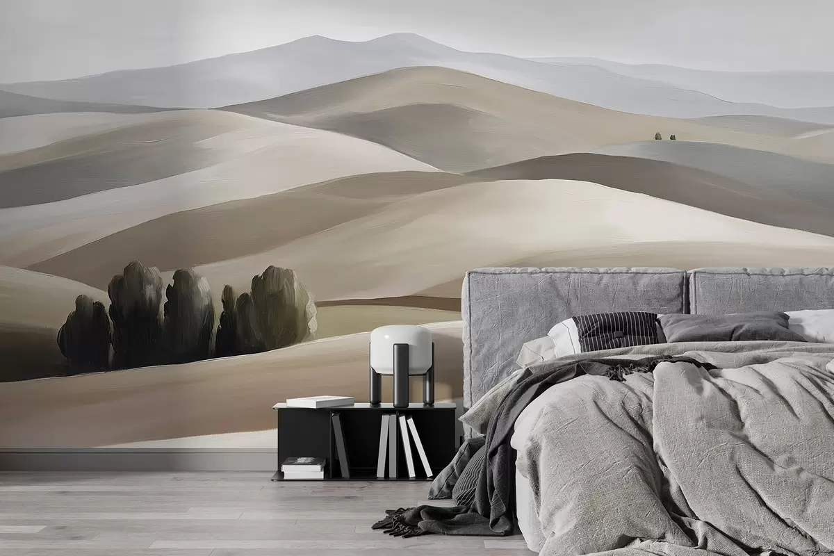 Fotobehang Landschappen met bomen, Toscane, beige en grijze kleuren, olieverfstijl w03880v1