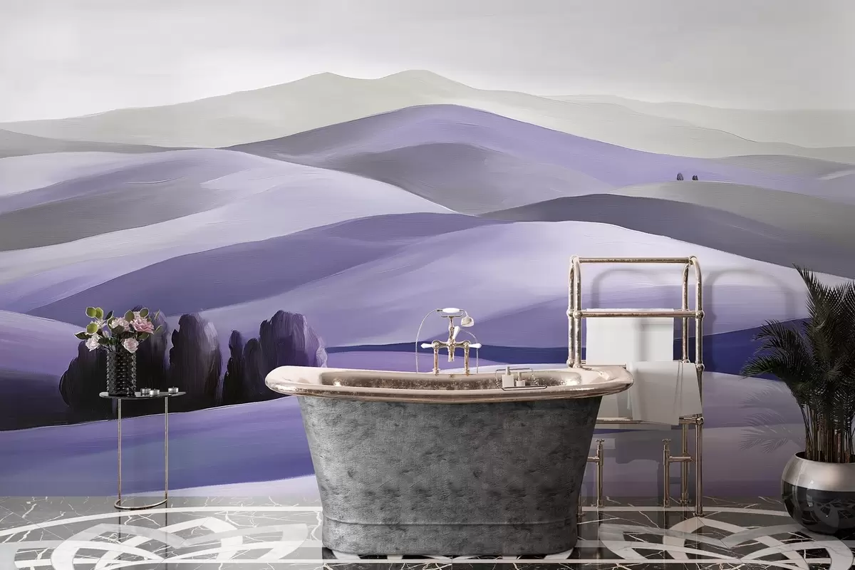 Fotobehang Landschappen met bomen, Toscane, paarse kleuren, olieverfstijl w03880v3