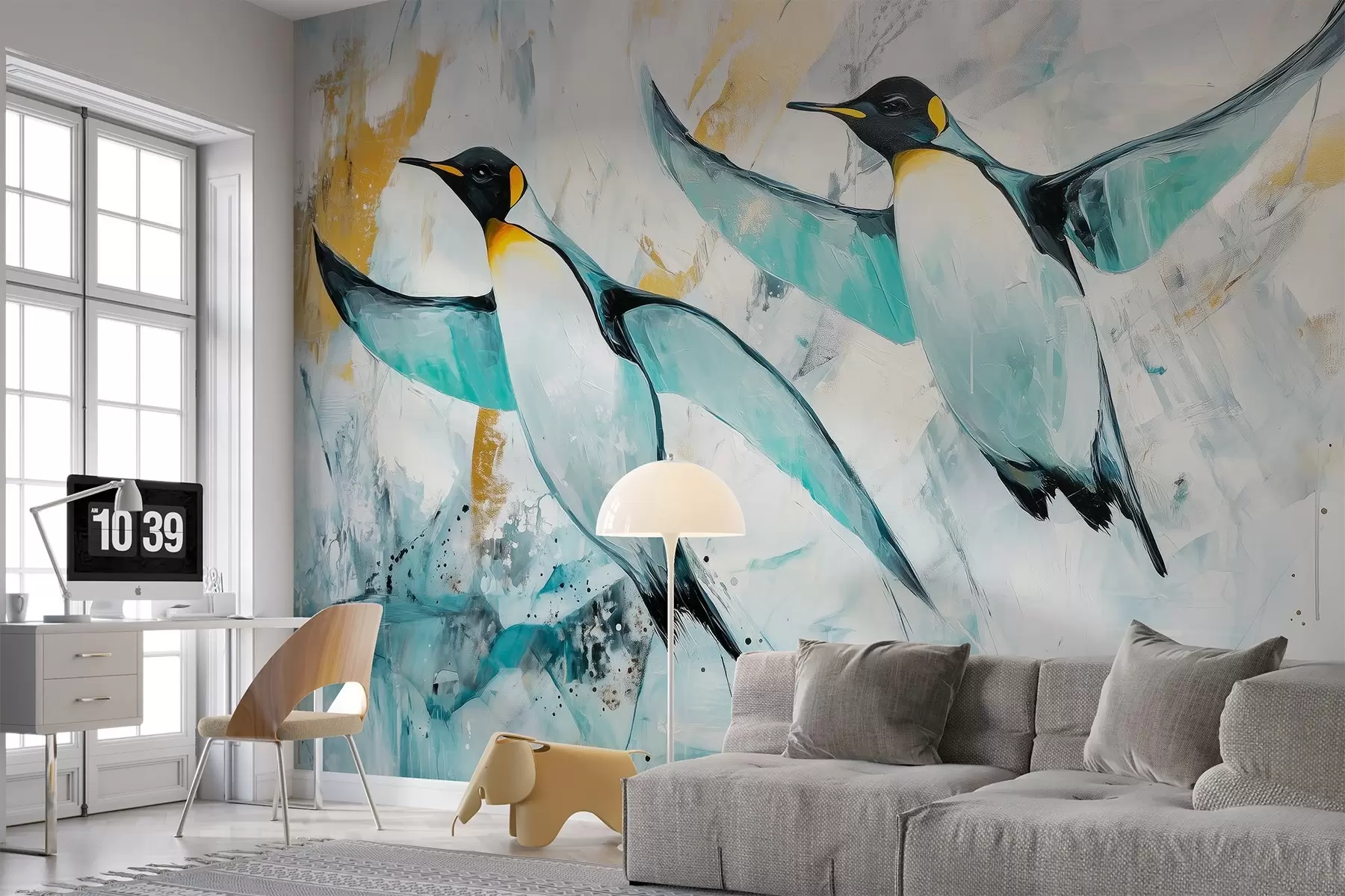 Fotobehang Schattige pinguïns, Antarctica, blauw ijs, dieren, olieverf tekening  w03883