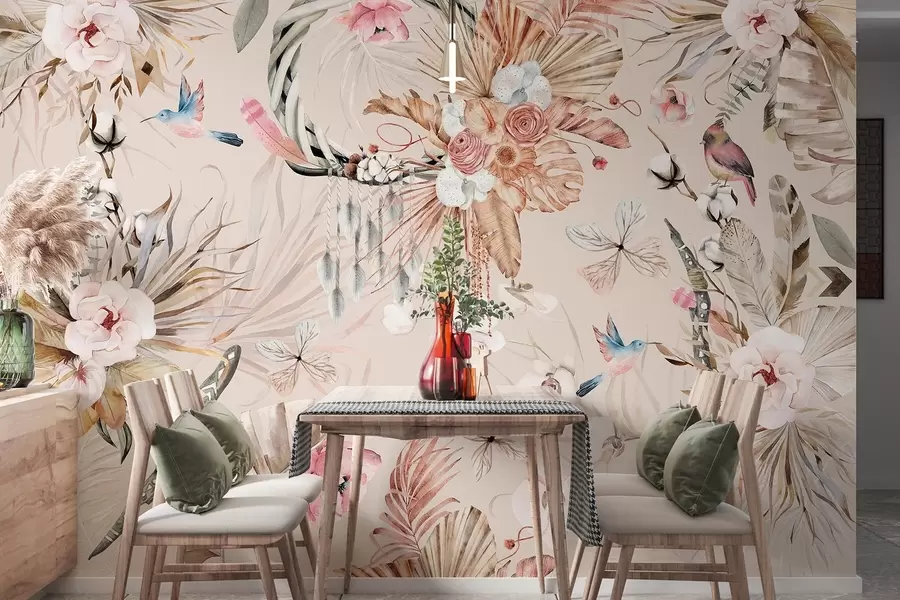 Fotobehang Boho stijl ornament met pioen bloemen en vogels, aquarel stijl, zachte kleuren w03885v3