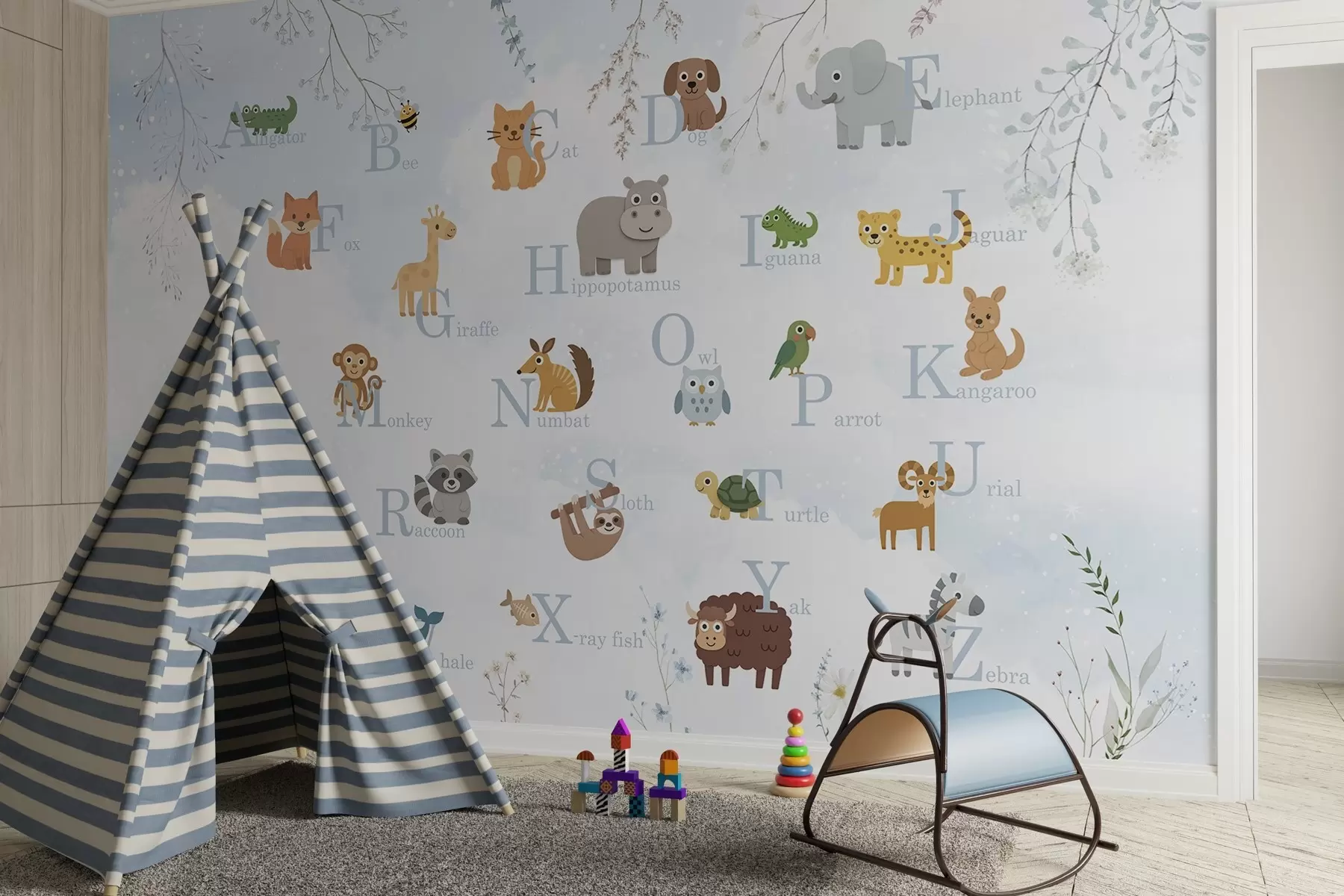 Fotobehang Alfabet met blauwe letters, planten en lucht w03809v1