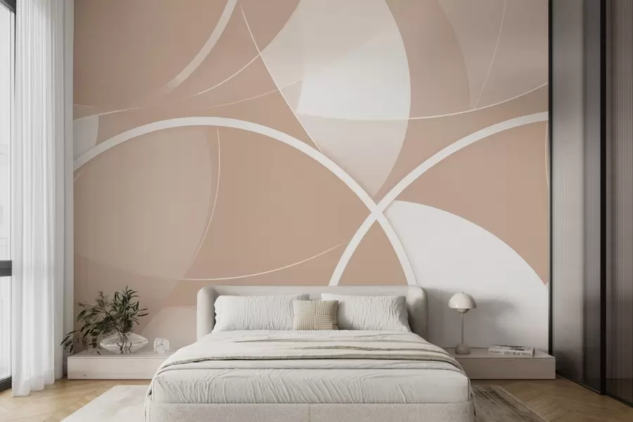 Fotobehang Geometrische abstractie in beige en roze tinten met cirkels en halve cirkels w09085
