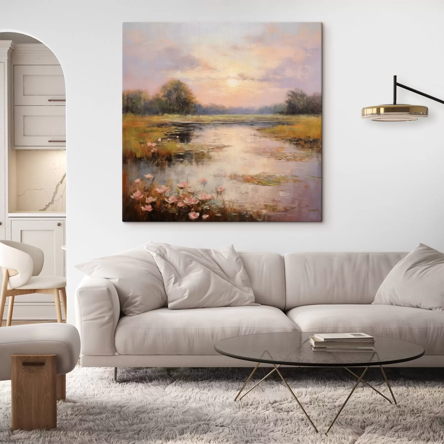  Schilderijen Waterlichaam met bloemen bij zonsondergang s44044