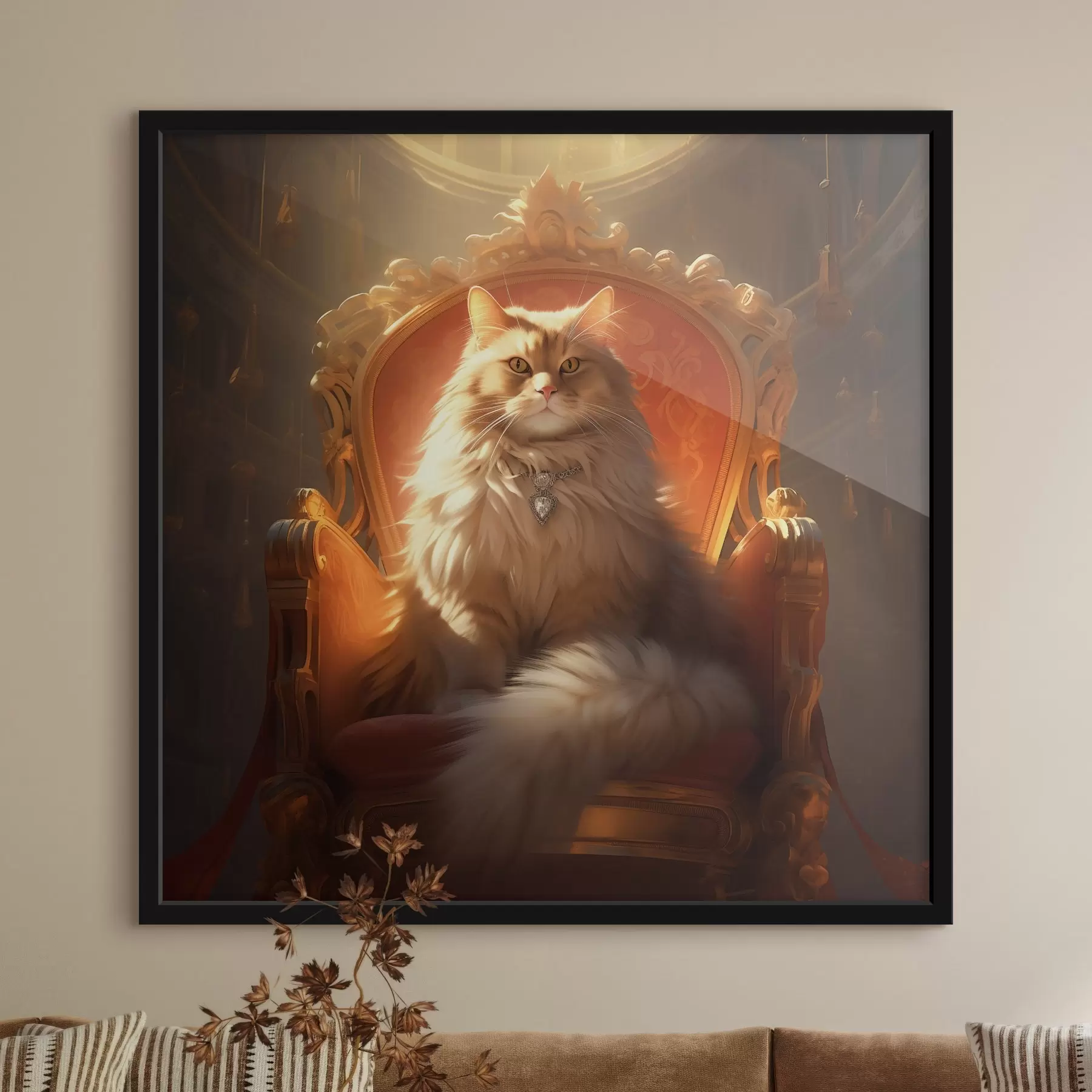 Fotobehang Vorstelijke kat met amberkleurige ogen op een troon in de stralen van glorie in barokstijl f44250