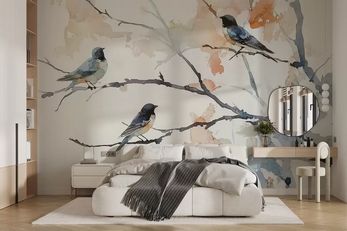 Fotobehang Vogels op boomtakken in aquarelstijl w09064