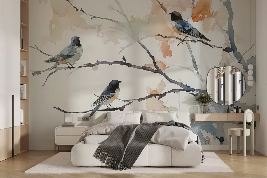 Fotobehang Vogels op boomtakken in aquarelstijl w09064