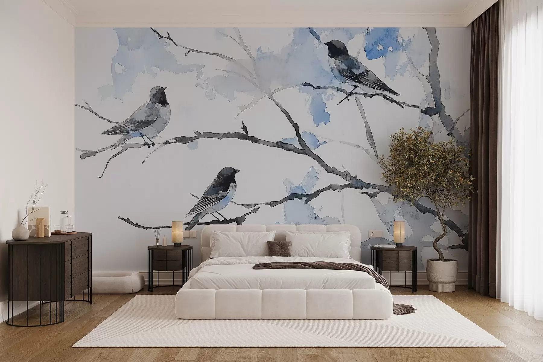 Fotobehang Vogels op boomtakken in aquarelstijl w09064v4