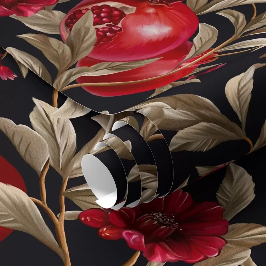 Fotobehang Granaatappels en bloemen op een donkere achtergrond in mediterrane stijl a00115