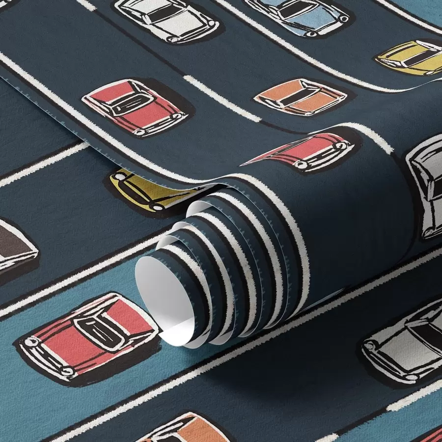 Fotobehang Retro auto op marineblauwe weg in jaren '60 stijl a00118