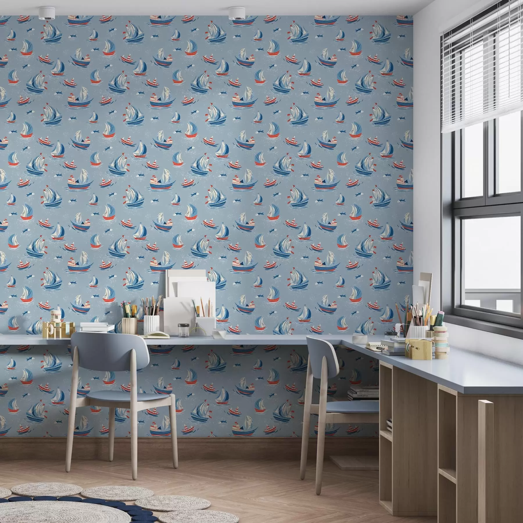 Fotobehang Schepen op een blauwe achtergrond a00126