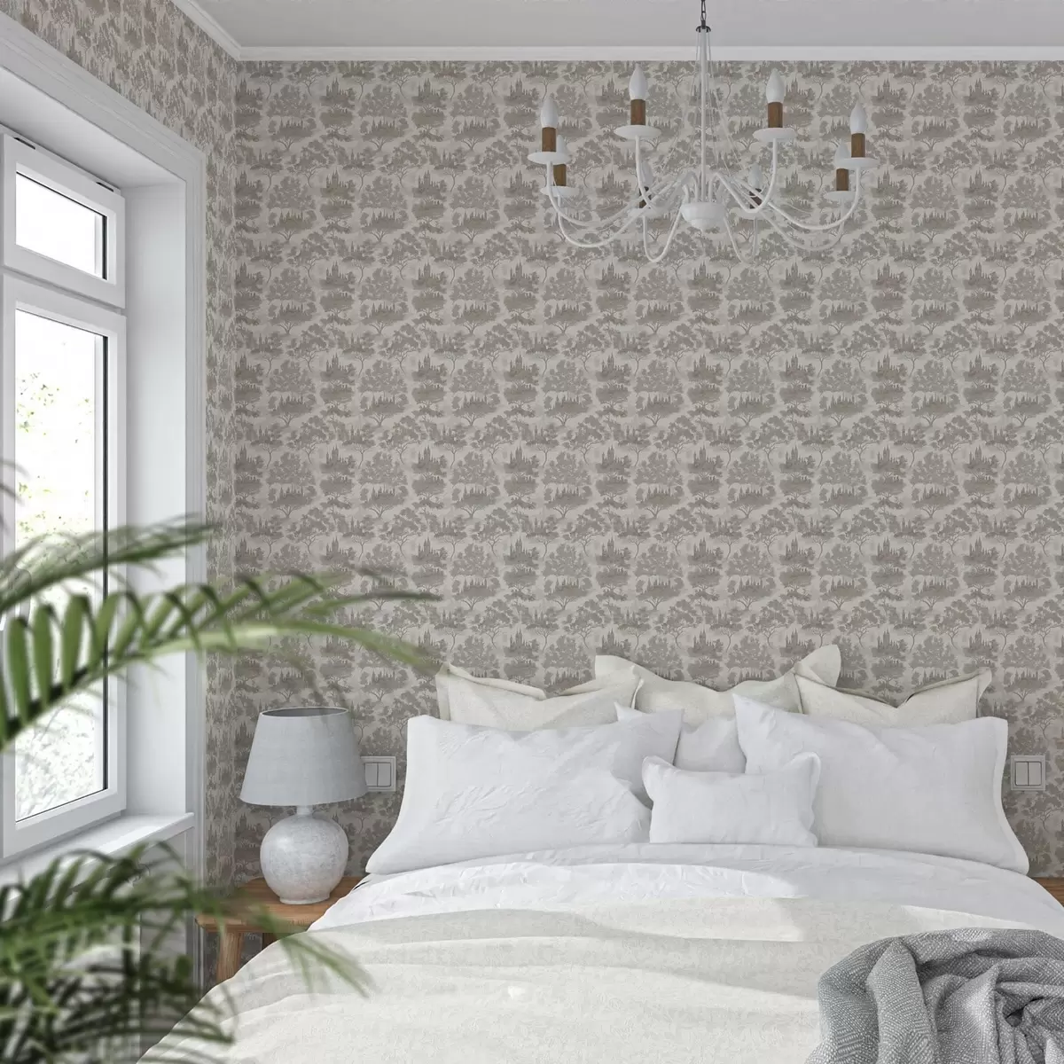 Behang Kasteel in het bos in grijs en beige stijl a00130