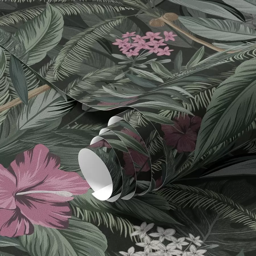 Fotobehang Tropische bladeren en vogel op donkere achtergrond a00140