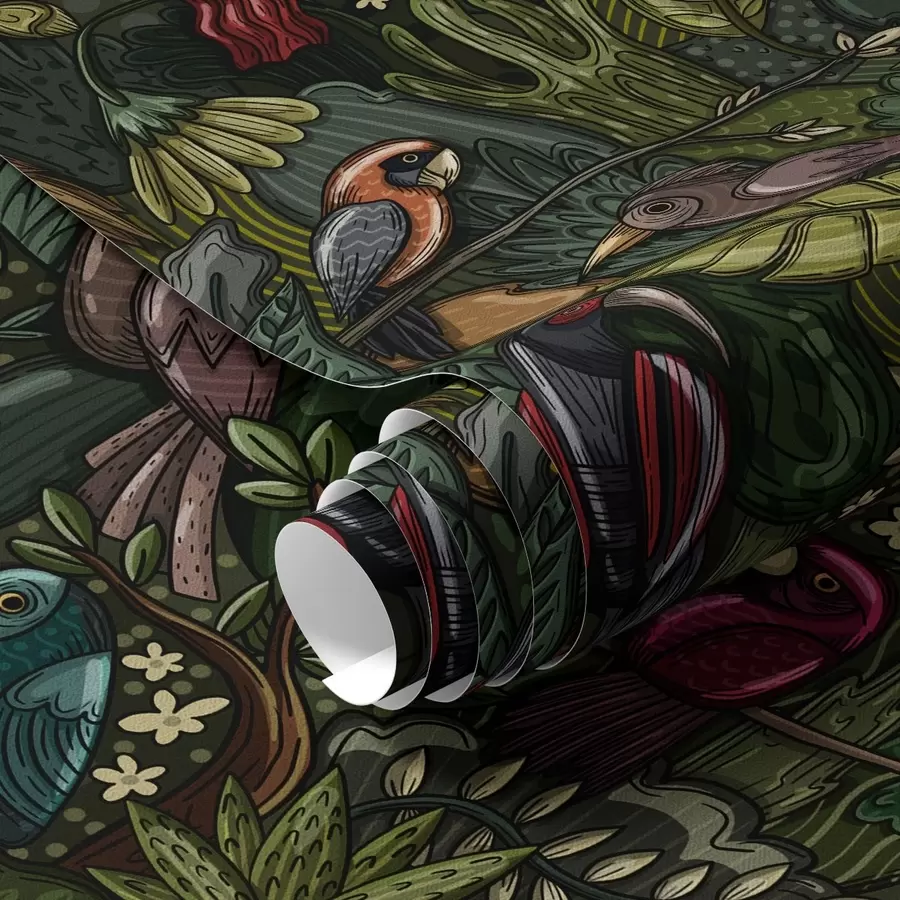 Fotobehang Exotische vogels in de jungle in de stijl van een gravure a00157