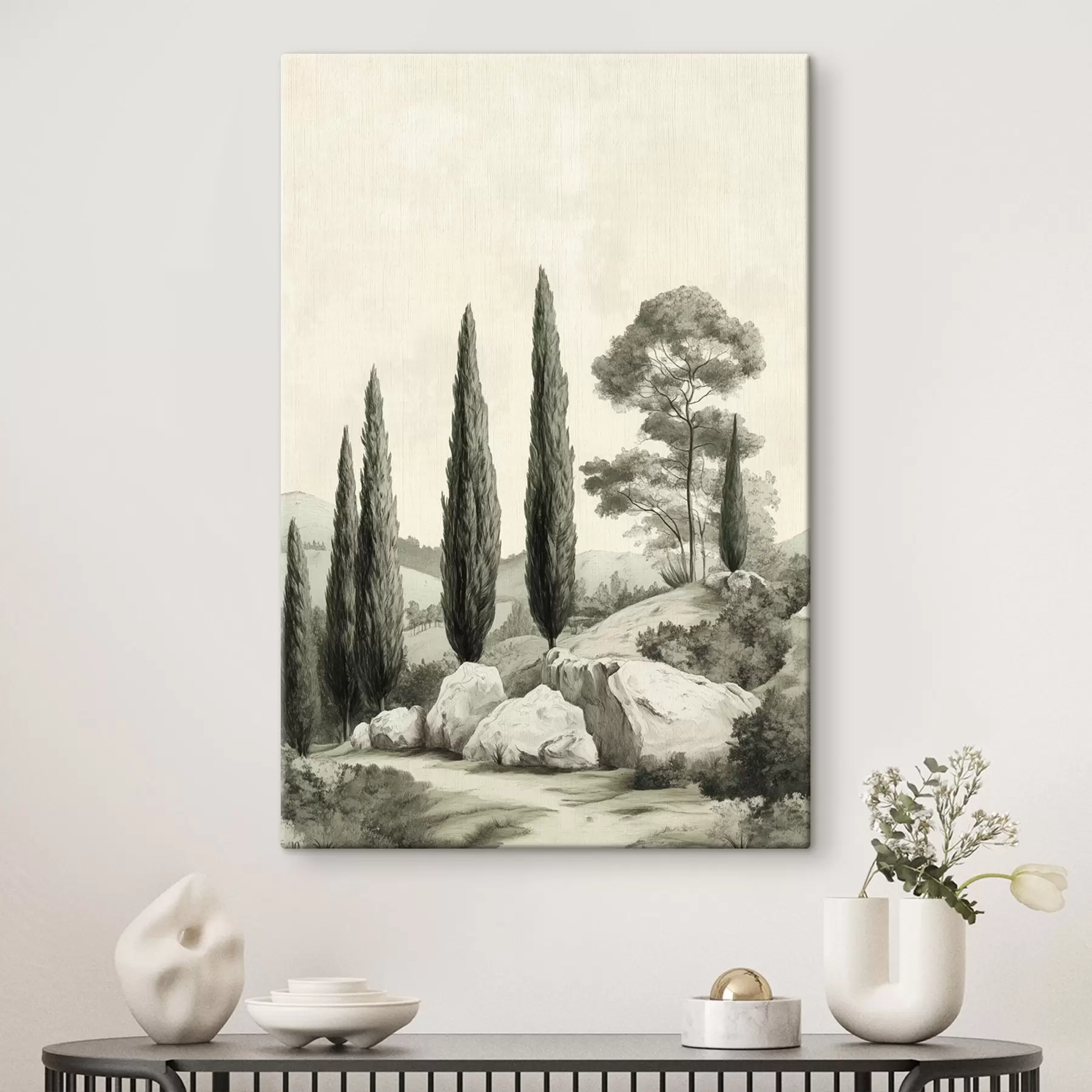  Schilderijen Toscaanse landschappen, pastelkleuren, cipressen, rotsen, rustieke stijl s44307