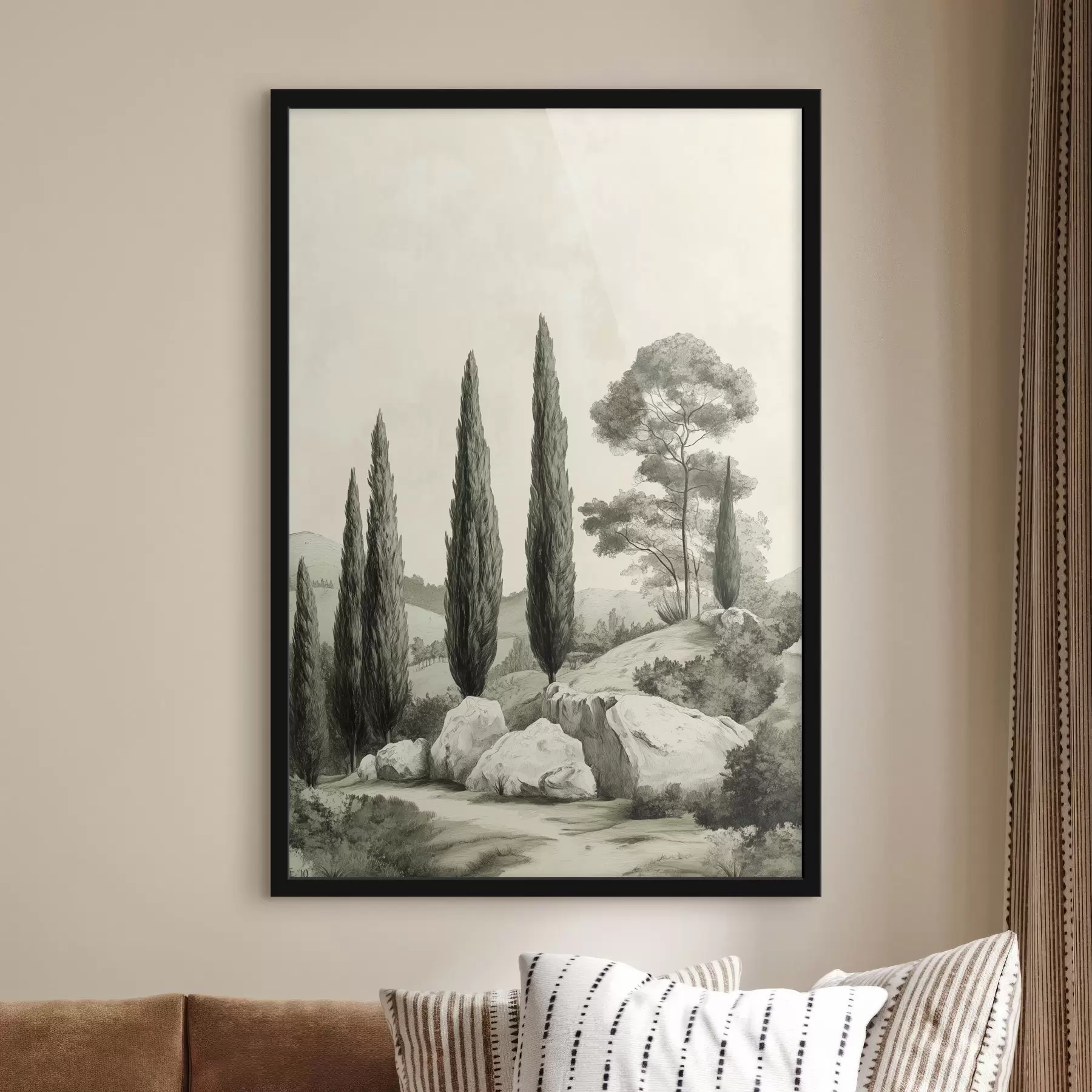 Fotobehang Toscaanse landschappen, pastelkleuren, cipressen, rotsen, rustieke stijl f44307