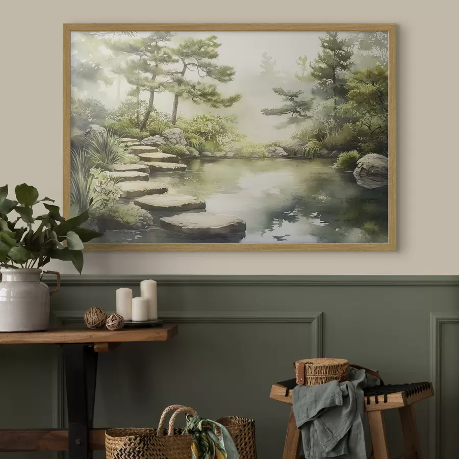 Fotobehang Oosterse tuin met meer en bomen, natuur, aquarelstijl f44313